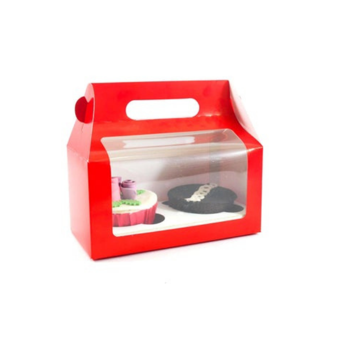 Gift Box with Handles Windowed  with Recycled Material -Red or PolkaDot Color